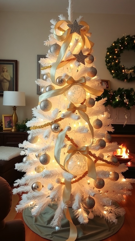Elegant White Christmas Tree Decor Ideas A white Christmas tree decorated with silver and gold ornaments, fairy lights, and ribbons in a cozy living room.